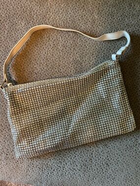 Silver Crystal Mesh Shoulder Bag with White Strap